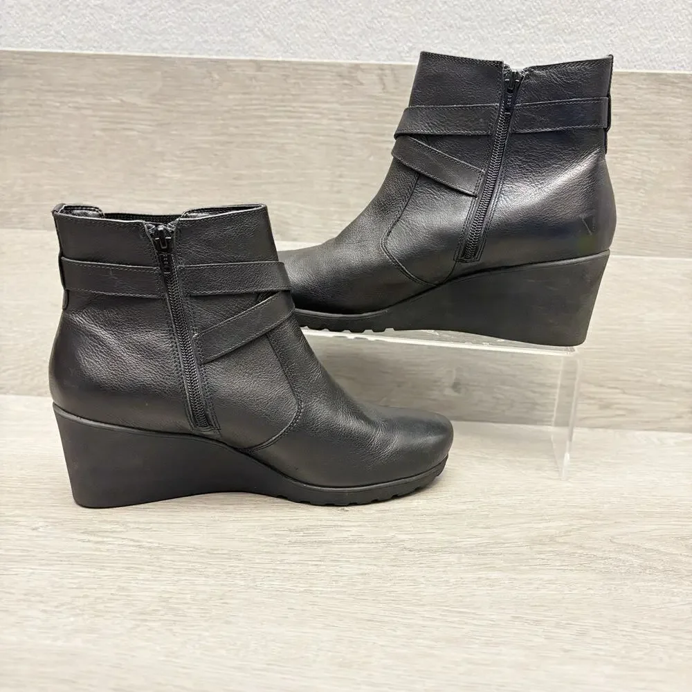 Abeo Wedge Booties Black Leather Buckle Comfort Side Zip Ankle Boots Size 10.5M